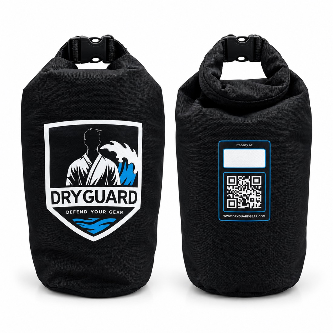 DryGuard dry bag, front and back — roll-top gear bag with the Defend Your Gear shield and QR name tag