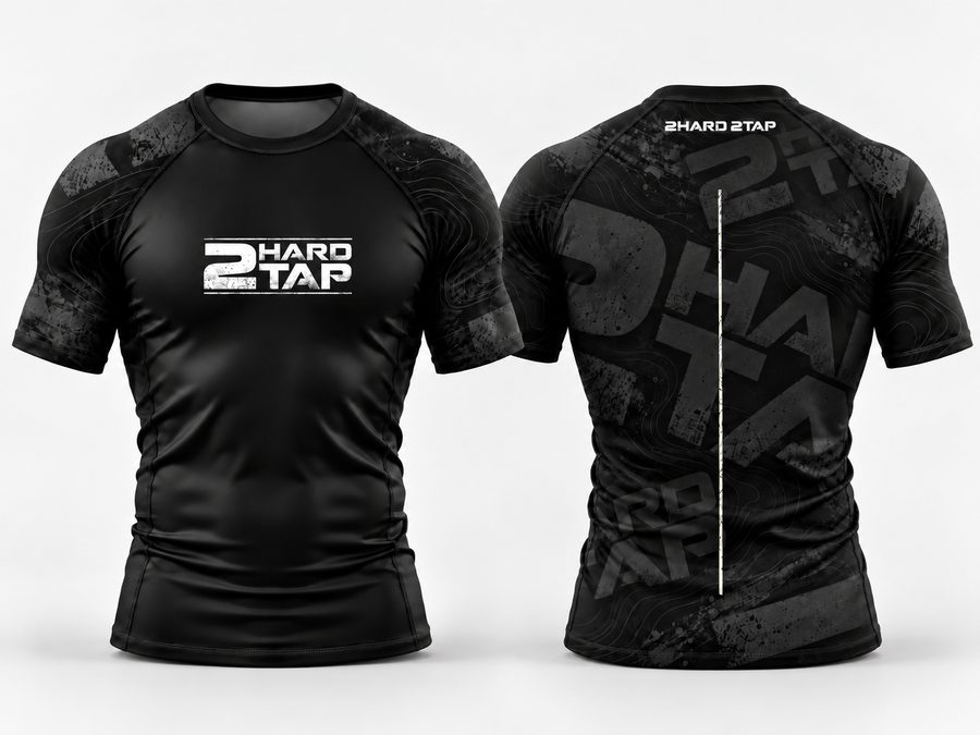 2HARD2TAP Basic Rashguard Spine Line White — blackout base, white print and spine line, front and back, Drop 001